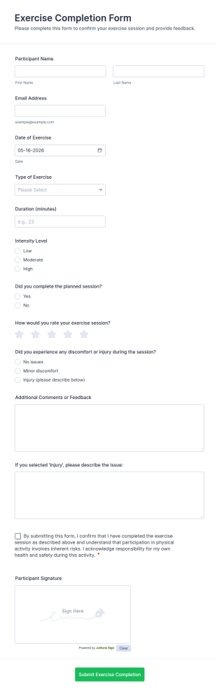 Exercise Completion Form Template