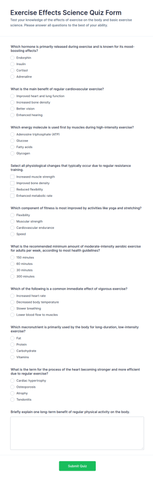 Exercise Effects Science Quiz Form Template
