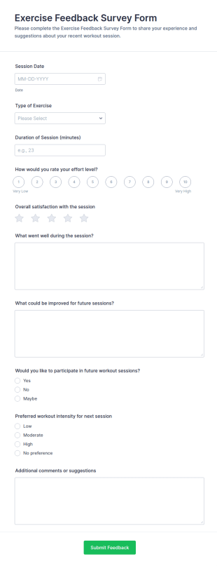 Exercise Feedback Survey Form Template