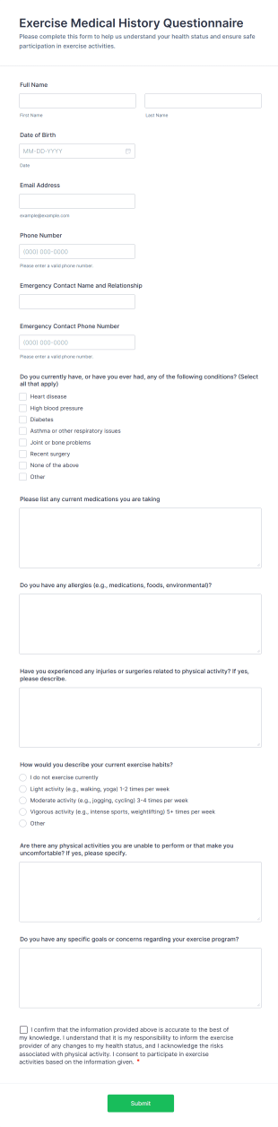 Exercise Medical History Questionnaire Form Template