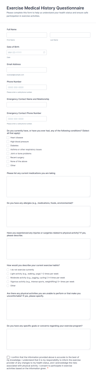 Exercise Medical History Questionnaire Form Template