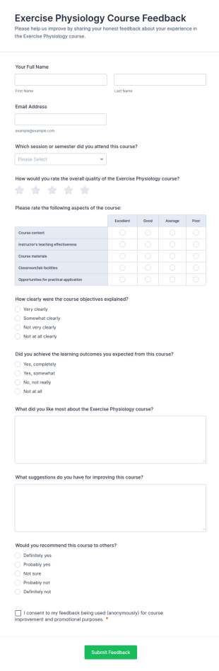 Exercise Physiology Course Feedback Form Template
