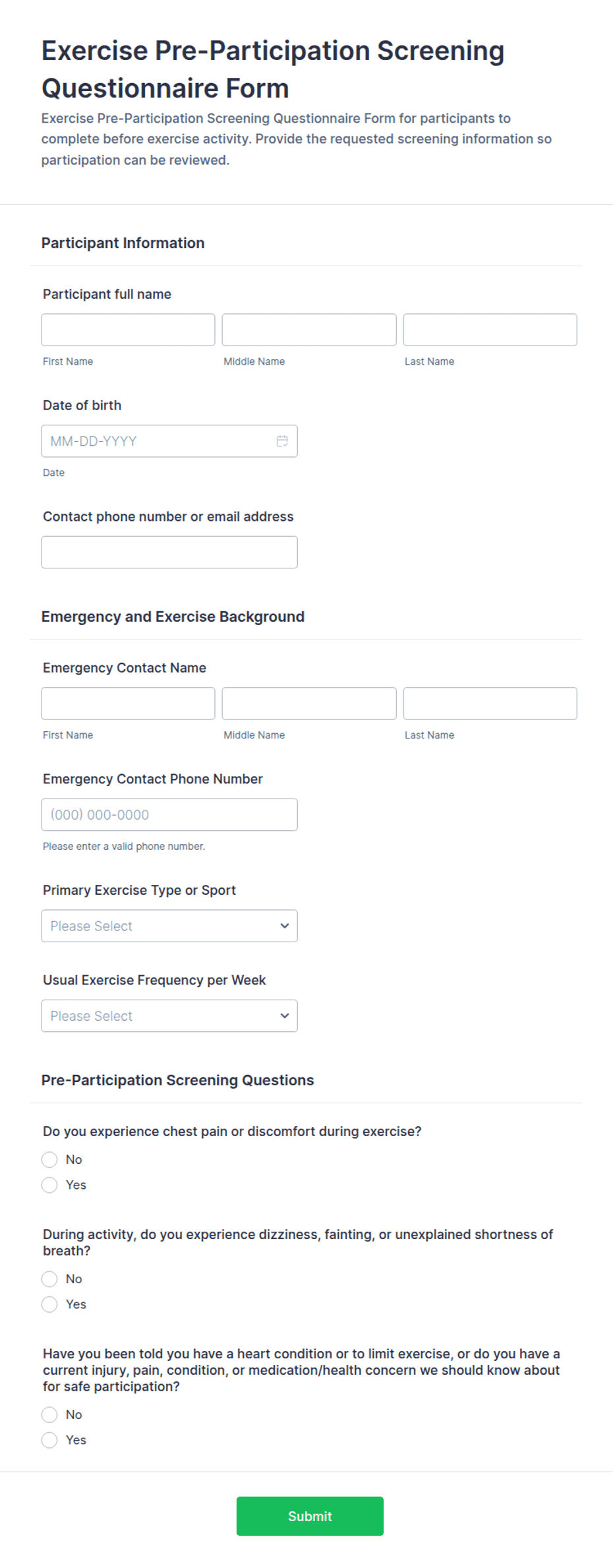 Exercise Pre-Participation Screening Questionnaire Form Template | Jotform