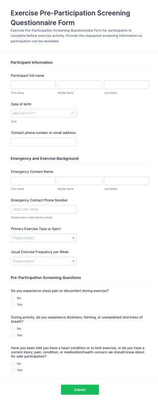 Exercise Pre Participation Screening Questionnaire Form Template