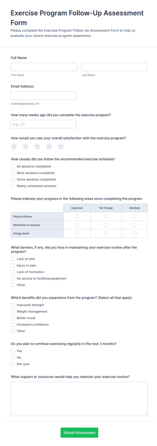 Exercise Program Follow Up Assessment Form Template