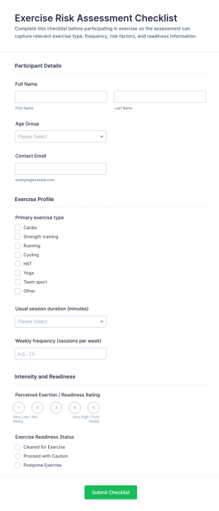 Exercise Risk Assessment Checklist Form Template