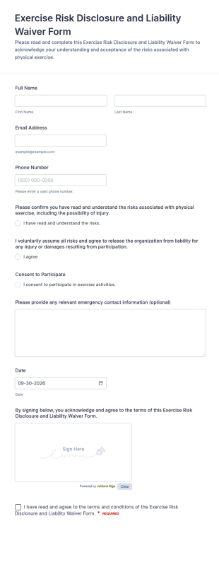 Exercise Risk Disclosure And Liability Waiver Form Template