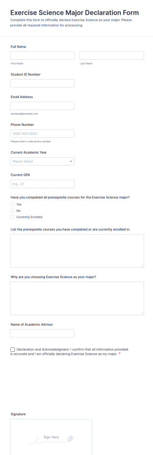 Exercise Science Major Declaration Form Template