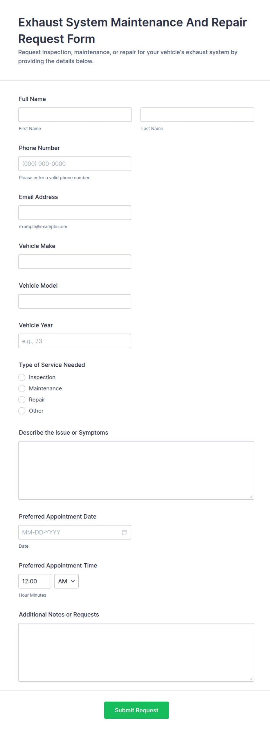 Exhaust System Maintenance and Repair Request Form Template | Jotform