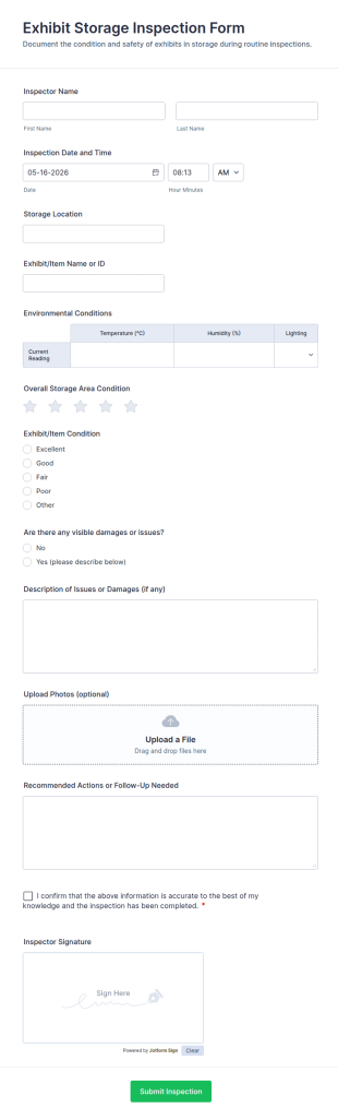 Exhibit Storage Inspection Form Template