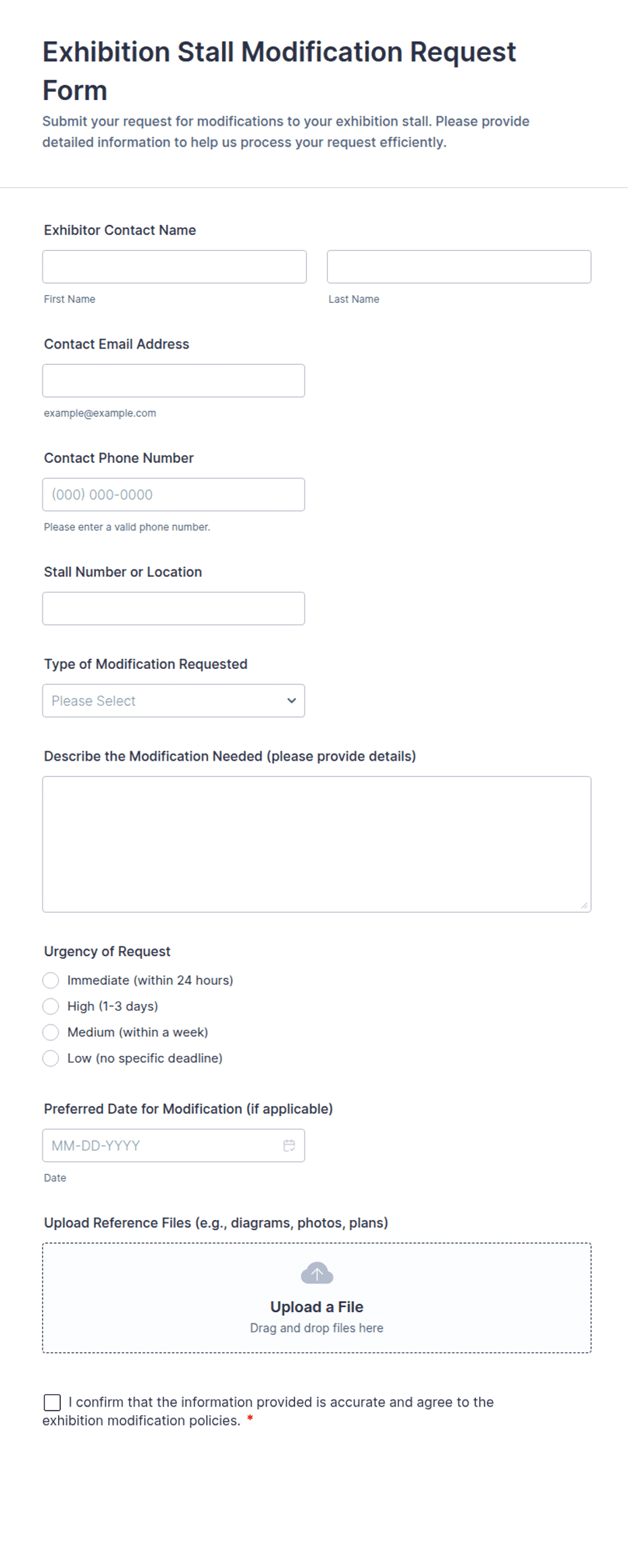 Machine Modification Request Exhibition Stall Modification Request Form Template | Jotform