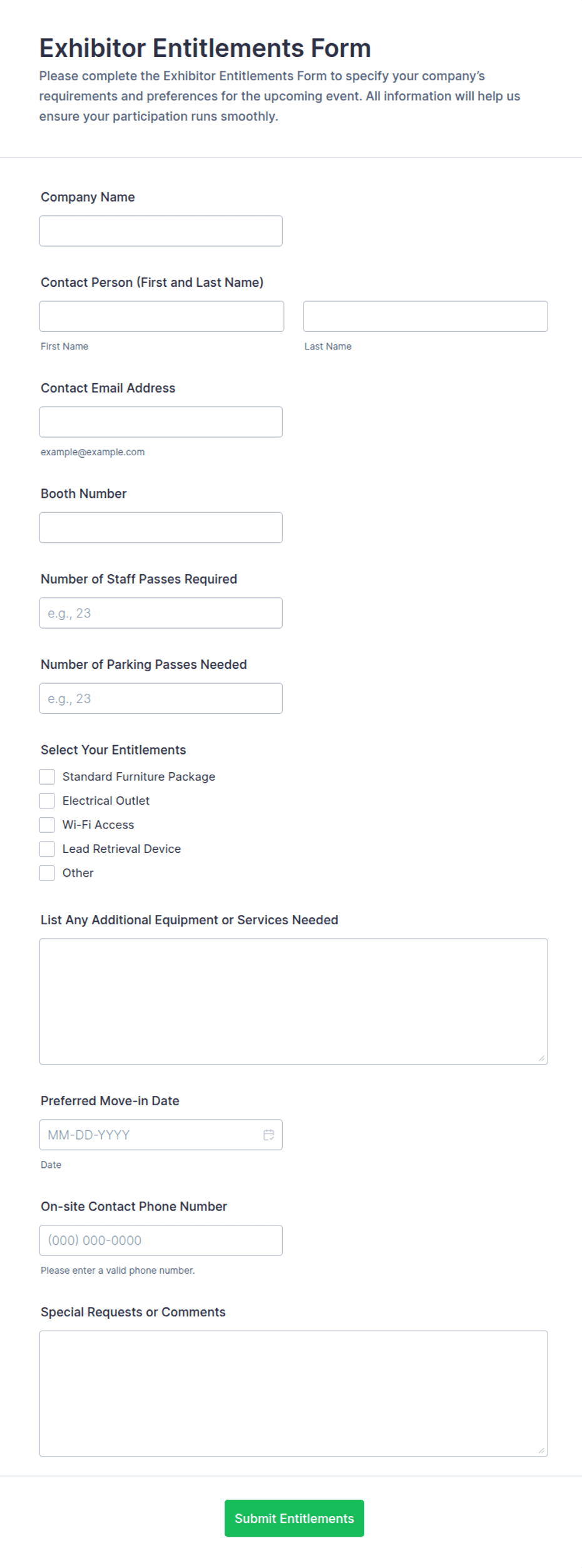 Exhibitor Entitlements Form Template | Jotform