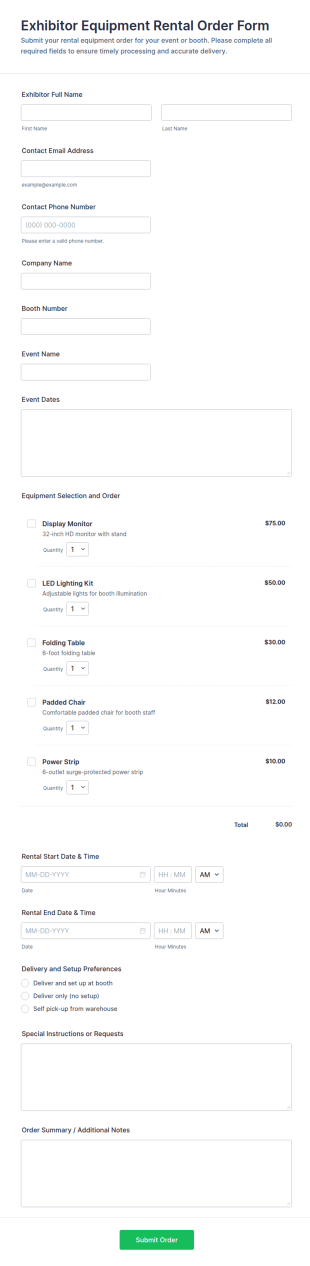 Exhibitor Equipment Rental Order Form Template
