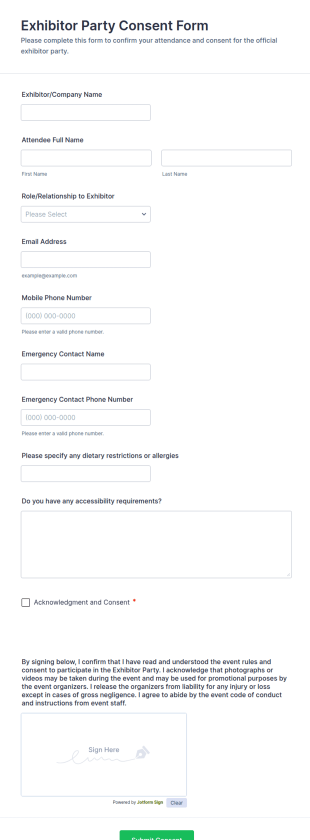 Exhibitor Party Consent Form Template