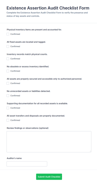 Existence Assertion Audit Checklist Form Template