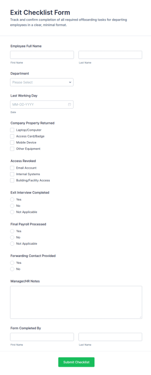Exit Checklist Form Template