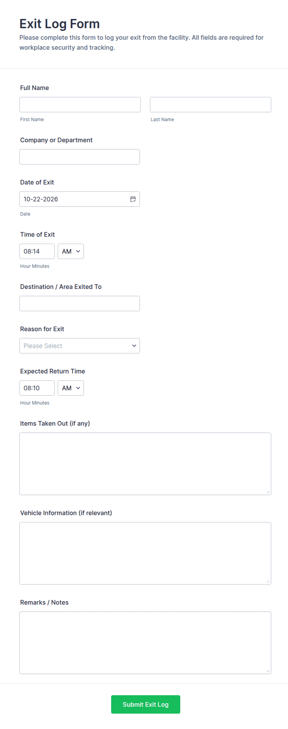 Mgf Exit Form.pdf Exit Log Form Template | Jotform