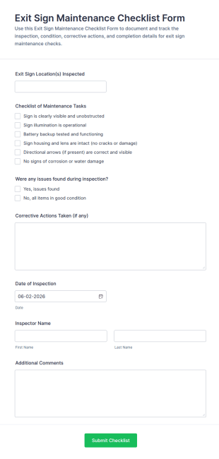 Exit Sign Maintenance Checklist Form Template