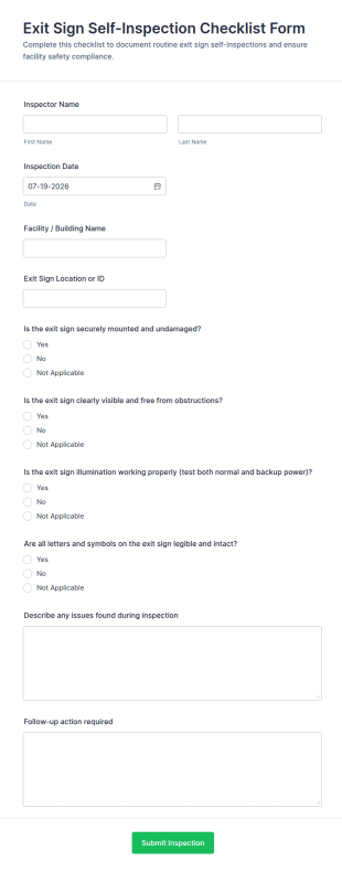 Exit Sign Self Inspection Checklist Form Template