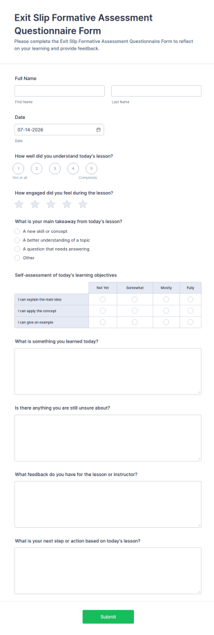 Exit Slip Formative Assessment Questionnaire Form Template