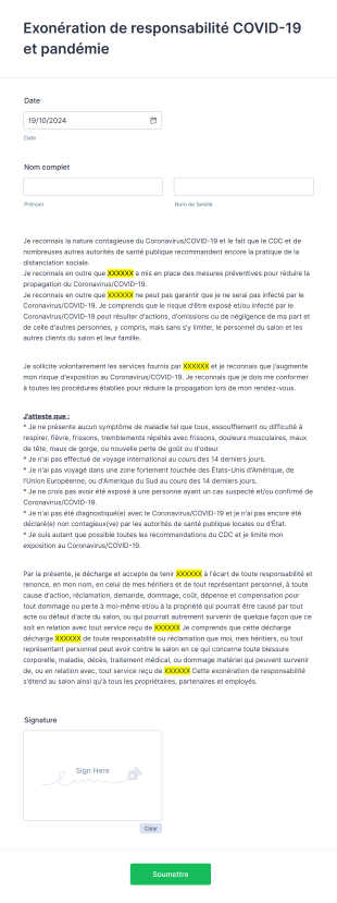 Exonération De Responsabilité COVID 19 Et Pandémie Form Template