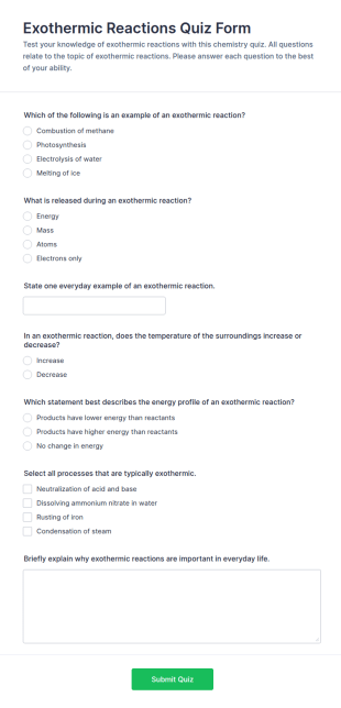 Exothermic Reactions Quiz Form Template