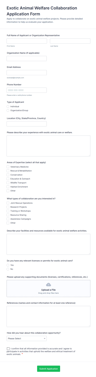 Exotic Animal Welfare Collaboration Application Form Form Template