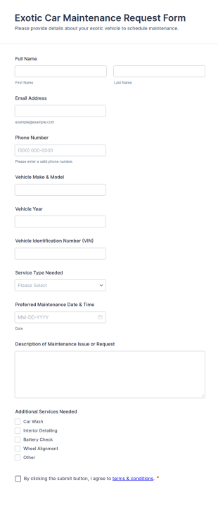 Exotic Car Maintenance Request Form Template