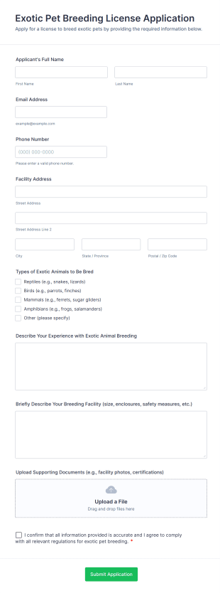 Exotic Pet Breeding License Application Form Template