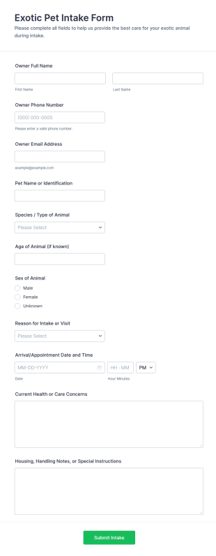 Exotic Pet Intake Form Template