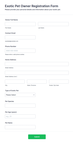 Exotic Pet Owner Registration Form Template