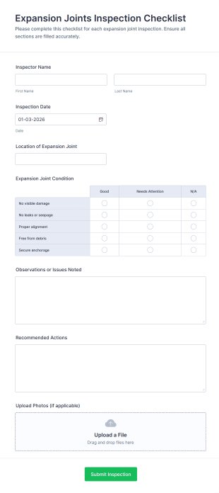 Expansion Joints Inspection Checklist Form Template