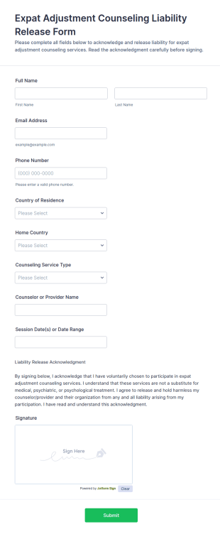 Expat Adjustment Counseling Liability Release Form Template