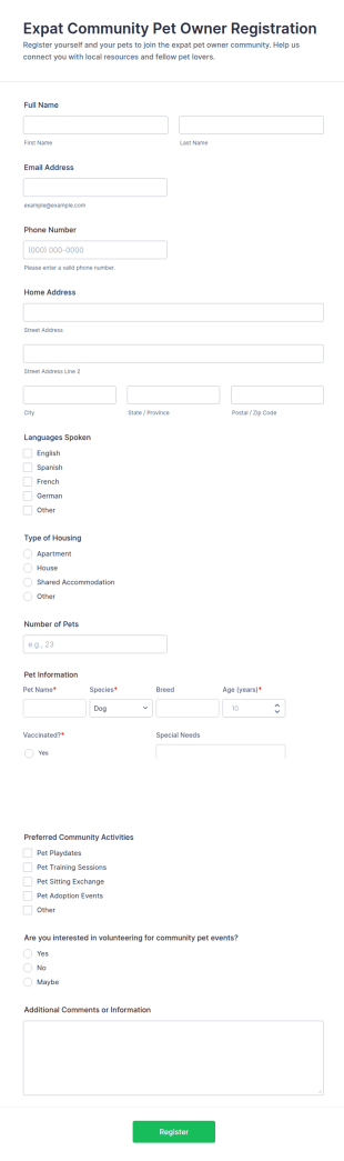 Expat Community Pet Owner Registration Form Template