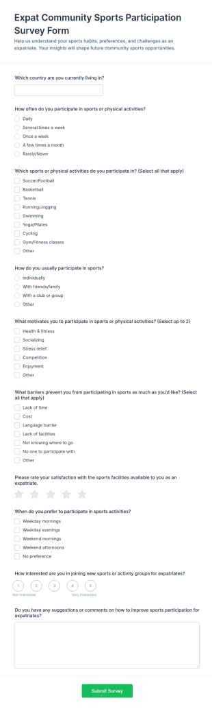 Expat Community Sports Participation Survey Form Template