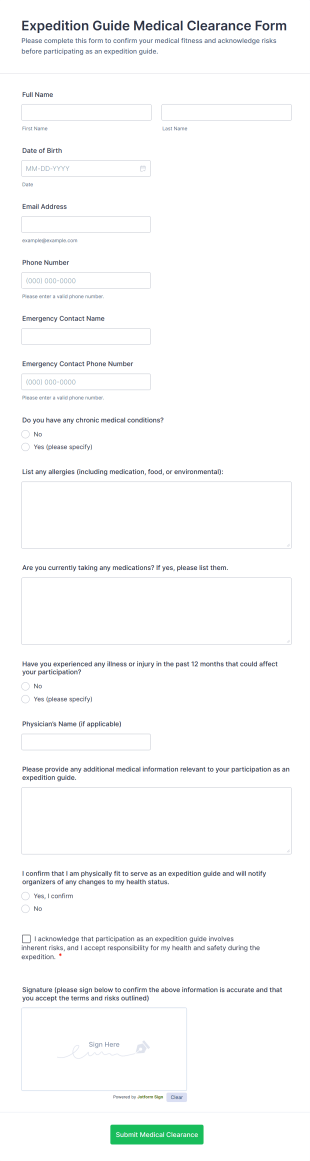 Expedition Guide Medical Clearance Form Template