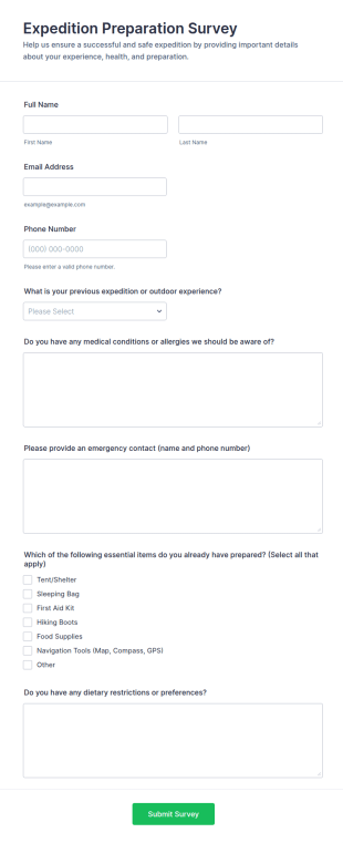 Expedition Preparation Survey Form Template