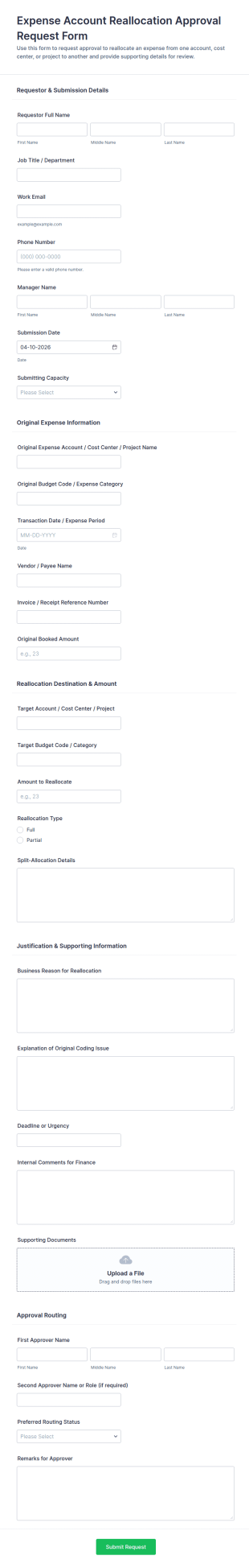 Expense Account Reallocation Approval Request Form Template