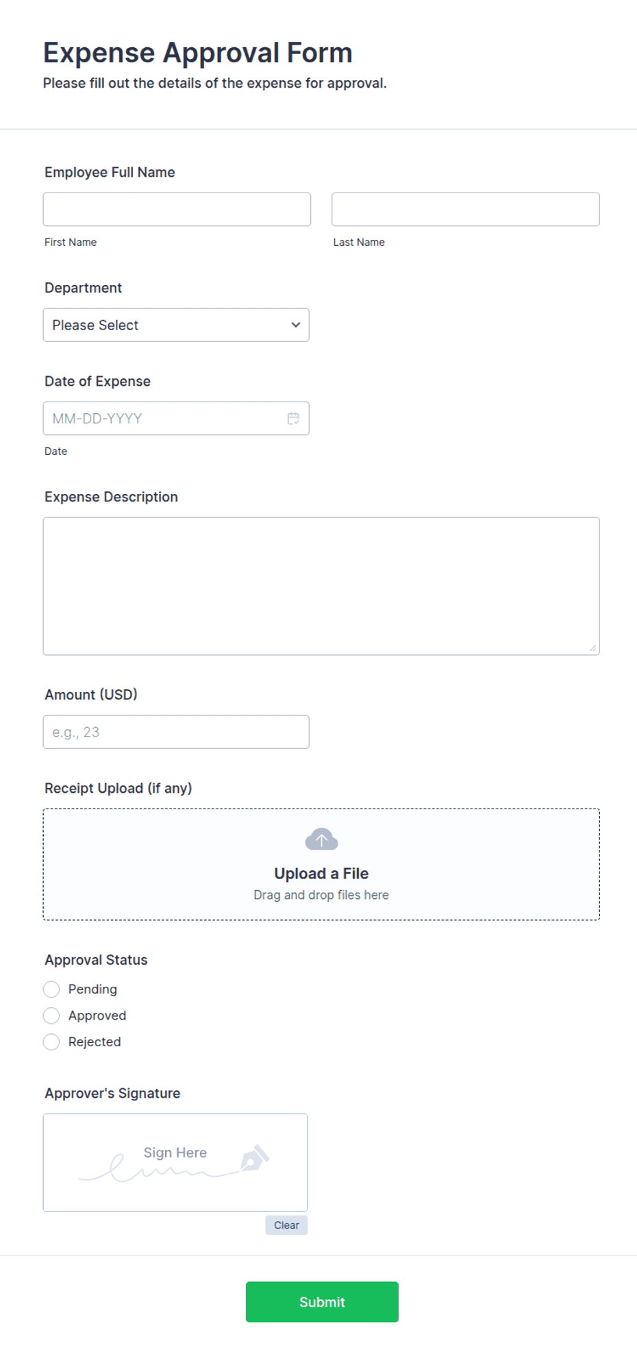 Expense approval form showing requester, department, date and expense description fields