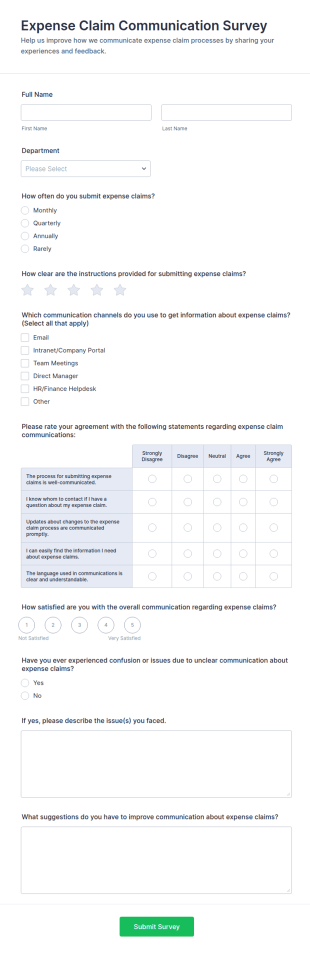 Expense Claim Communication Survey Form Template