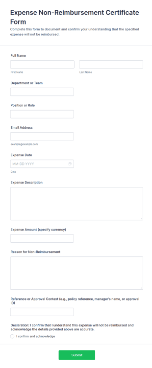 Expense Non Reimbursement Certificate Form Template