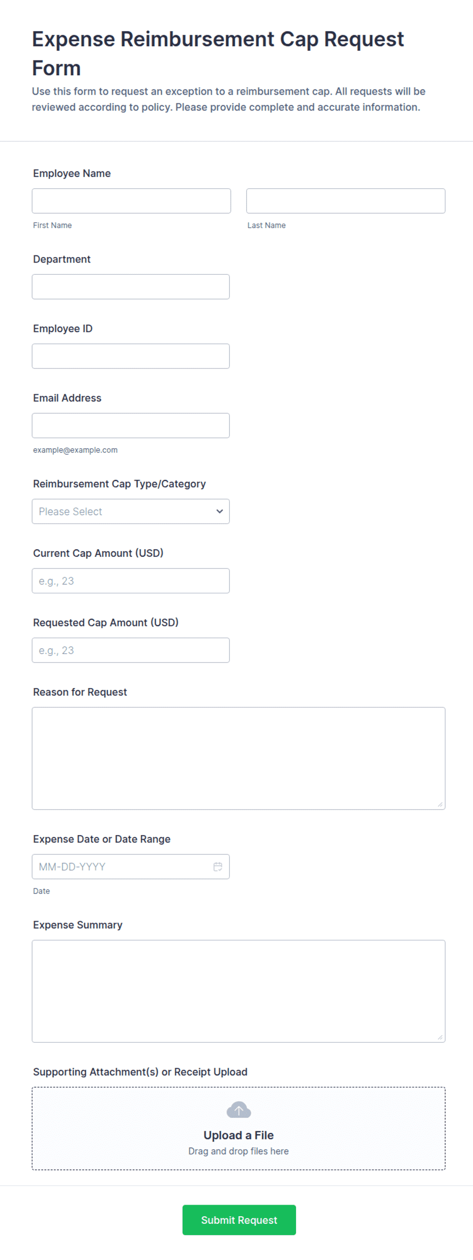Expense Reimbursement Cap Request Form Template | Jotform