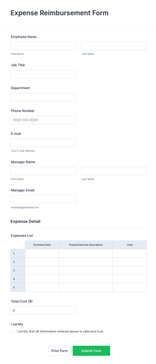 Expense Reimbursement Form Template