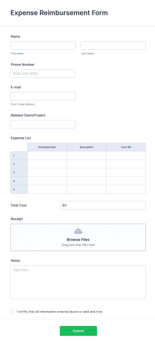 Project Expense Reimbursement Form Template