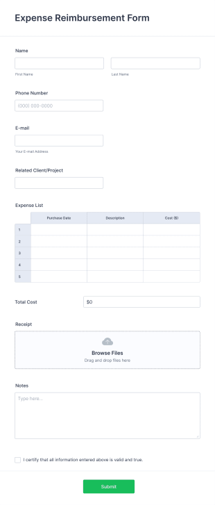 Project Expense Reimbursement Form Template