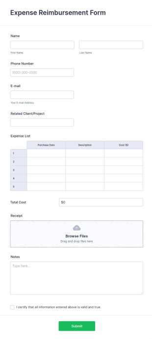 Expense Reimbursement Form Template
