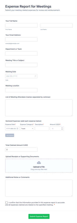 Expense Report For Meetings Form Template