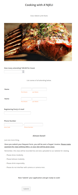 Cooking Class Request Form Template