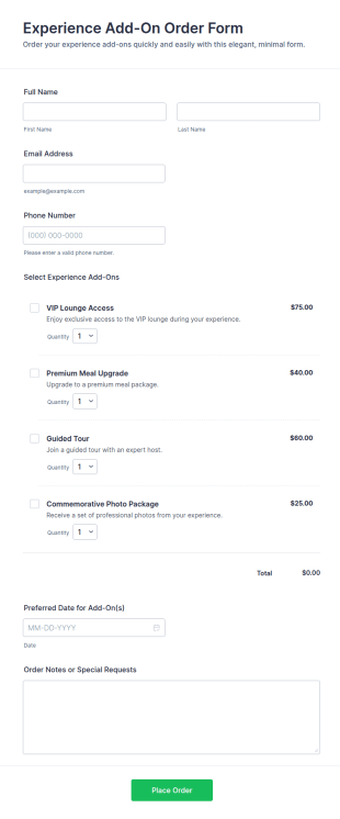 Experience Add On Order Form Template