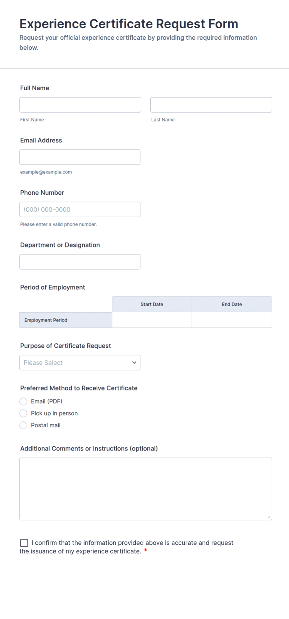 Experience Certificate Request Form Template | Jotform
